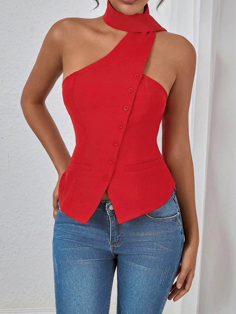 INAWLY Women's Simple Solid Color Halter Front Button Top, Summer - Red - View 1