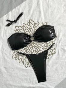 Swim SXY Women's New Solid Color Spaghetti Strap Round Ring Decor Halter Backless Bikini Set Top And Bikini Bottom Sexy Swimwear Set - Black - View 1