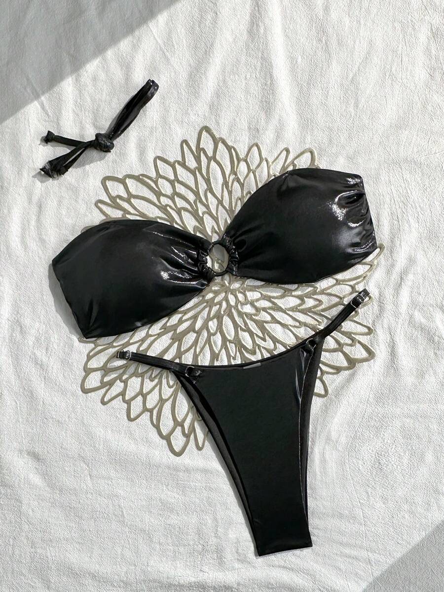 Swim SXY Women's New Solid Color Spaghetti Strap Round Ring Decor Halter Backless Bikini Set Top And Bikini Bottom Sexy Swimwear Set - Black - View 1