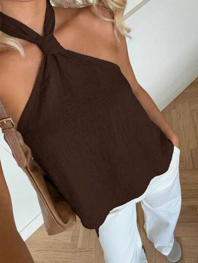 SHEIN EZwear 棕色编织休闲露背吊带衫，女士夏季深棕色上衣，棕色夏季上衣，大地色系上衣，棕色抹胸露背上衣，女士单肩上衣，单侧上衣，棕色露背女士夏季上衣