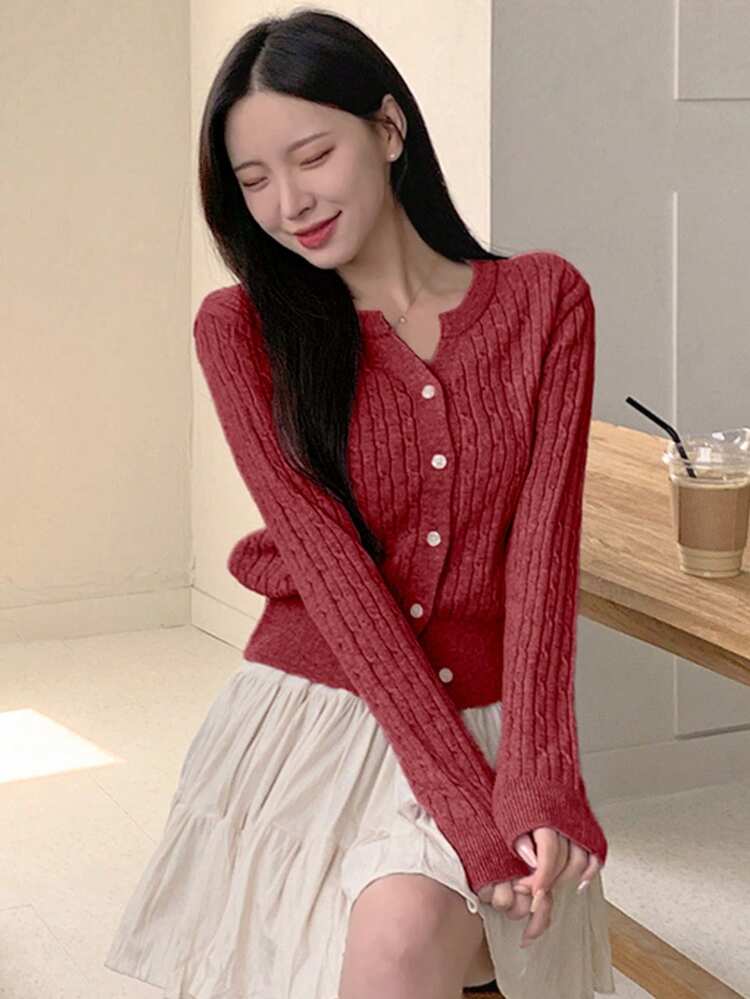 Women Plain Color Button Up Front Cable Knit Cardigan, Casual Everyday Wear, Autumn/Winter