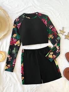 SHEIN 少女插肩袖热带植物印花上衣和短裤泳衣套装 - 黑色 - 查看 3