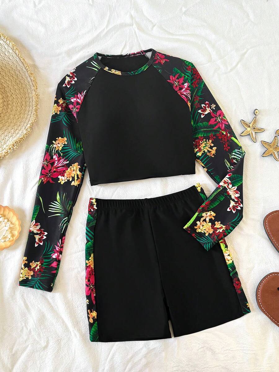 SHEIN Bộ đồ bơi cho bé gái tuổi teen gồm áo tay raglan in hình cây nhiệt đới và quần short, bộ đồ bơi chống nắng cho bé gái, đồ bơi dài tay cho bé gái tuổi teen, áo tankini có tay cho bé gái tuổi teen, đồ bơi chống nắng cho bé gái, quần short bơi họa tiết hoa cho bé gái, đồ bơi cho trẻ em, đồ bơi dài tay cho bé gái, áo chống nắng cho bé gái, đồ bơi cho bé gái, đồ bơi trẻ em - màu đen - Xem 1