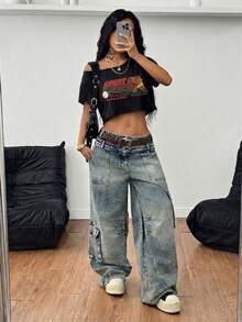 Coolane 夏季女士外出休闲街头风 Y2K 复古短袖宽松印花T恤，黑色上衣 - 黑色 - 查看 5