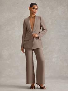 SHEIN Cottnline 女士西装外套和裤子常规版型套装 - 米色 - 查看 1