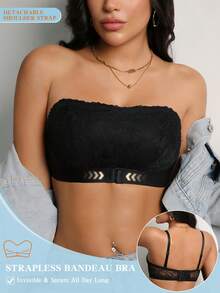 1pc Women's Lace Wireless Bralette, Sexy Thin Padded Front Closure Lift Up Bra - Black - View 5