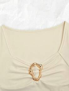 Franclia Apricot Knitted Fabric Square Neck Ruched Short Sleeve Casual T-Shirt For Women - Apricot - View 6