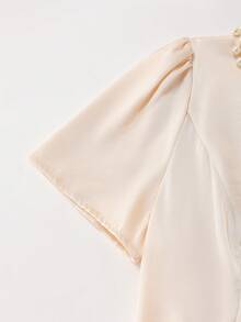 SHEIN LUNE 女士圆领珍珠装饰连衣裙，光泽缎面编织连衣裙，夏季连衣裙，优雅长裙，休闲装，派对礼服，节日礼服，圆领修身A字连衣裙，蜜桃色连衣裙 - 杏色 - 查看 6