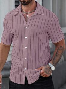 Manfinity CasualCool Men's Casual Striped Front Button Short Sleeve Shirt, Summer - Dusty Pink - View 1
