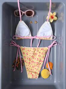 Swim Mod Bộ bikini hai mảnh màu vàng in họa tiết, kiểu yếm, cúp ngực tam giác, thích hợp cho nữ, đi biển, nghỉ mát. - Nhiều màu - Xem 2