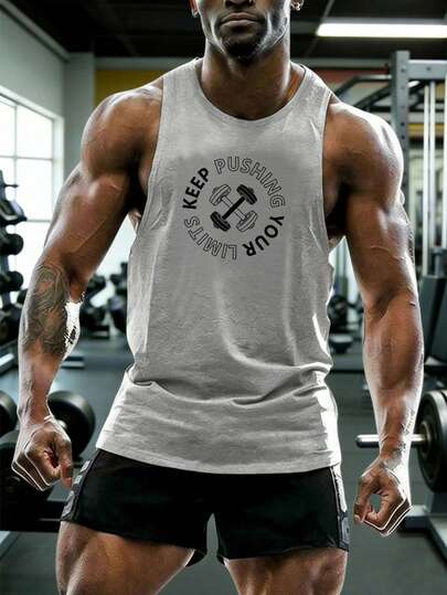 GymBeat Letter & Graphic Print Round Neck Fashionable Sports Tank Top, Summer