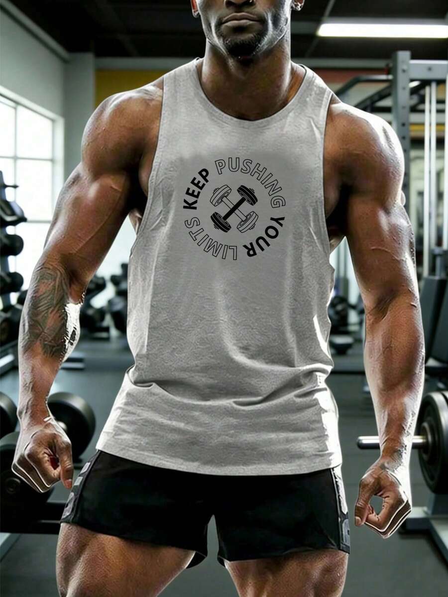 GymBeat Letter & Graphic Print Round Neck Fashionable Sports Tank Top, Summer - Light Grey - View 1