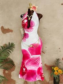 Sunspun Plus Size Vacation Style Ruffled Collar Cinched Waist Bodycon Dress - Multicolor - View 5