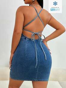 SHEIN SXY 女士纯色露背性感紧身牛仔吊带裙 - 深色水洗藍 - 查看 2
