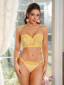 2件套黄色刺绣无钢圈抹胸文胸套装，配透明肩带 - 黃色 - 查看 4