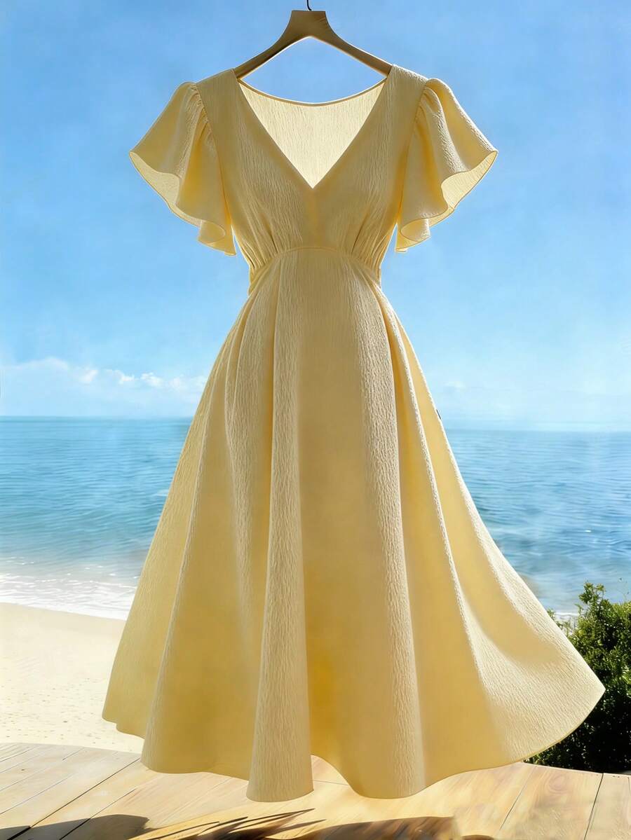 Franclia Women's V-Neck Ruffle Sleeve Cinched Waist Flowy Dress, Casual Vacation Style, Light Yellow, Spring/Summer - Light Yellow - View 1