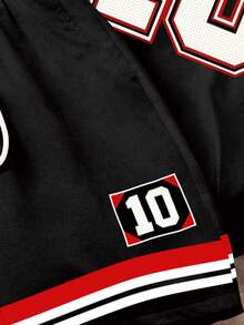 Manfinity Homme 男士撞色字母印花T恤套装，两件套，适合夏季、户外、上学、运动穿着 - 黑色 - 查看 4