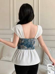 Celisse 女士时尚优雅花卉抽绳修身衬衫 - 墨綠色 - 查看 2