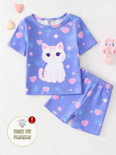 4pcs Baby Girls' Snug Fit Sleepwear Set, Cozy Cat & Heart Glow-In-The-Dark Print, Stretchy Knit Fabric, Short Sleeve Top And Pants