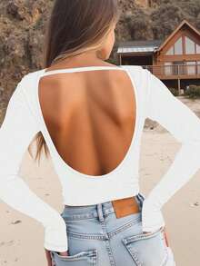 INAWLY Plus Size Women Solid Color Boat Neck Backless Fitted Casual Long Sleeve T-Shirt - White - View 4