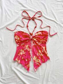Soleia Áo tank top nữ in hoa, cổ yếm, hở lưng, kiểu dáng thường ngày. - Màu Hồng Tươi - Xem 5