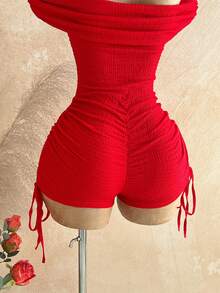 Soleia Women's Red Seksi Chic Holiday Vacation Textured Knit Off-Shoulder Ruched Drawstring Jumpsuit,Boho Beach Cruise Music Festival No Chest Padding - Red - View 6