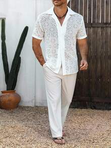 VENTUSAIL Áo sơ mi nam tay ngắn dệt kim họa tiết hoa trơn màu, phong cách thường ngày, thích hợp cho kỳ nghỉ hè, đi biển. - trắng - Xem 3