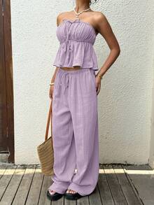 SHEIN EZwear 灰紫色編織棉麻女款抹胸上衣休閒波西米亞度假套裝女裝夏季穿搭女套裝女兩件套休閒套裝女裝女兩件套休閒套裝女裝女連身褲居家套裝女裝女套裝海灘海灘度假假日 - 紫丁香色 - 查看 4