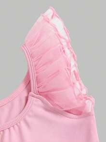 SHEIN 女童芭蕾舞裙，撞色网纱袖蓬蓬裙 - 粉色 - 查看 7