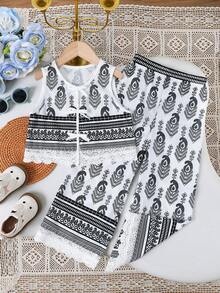 SHEIN 2 Stücke Kleine Mädchen Blümchen V-Ausschnitt Casual Trägerhemd und lange Hose Set - Verschiedenfarbig - Übersicht 5