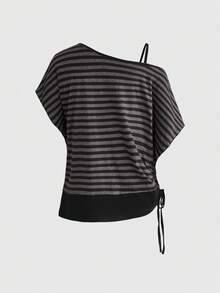 ROMWE J-Fashion 女士复古朋克亚文化不对称肩部宽松黑灰色十字图案装饰复古条纹基础款T恤 - 灰色 - 查看 2