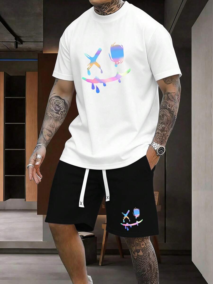 Manfinity LEGND 2pcs/Set Men's Casual Printed T-Shirt & Shorts - Multicolor - View 1