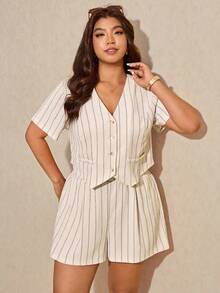 Elaquor 大码夏季休闲条纹衬衫短裤套装 - 杏色 - 查看 3