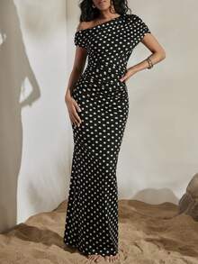 Opulessa Vestido elegante ajustado con hombros fruncidos y estampado de lunares para mujer - Negro - Ver 1