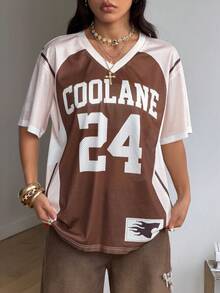 Coolane 女士春夏节日复古街头运动迷彩数字印花棒球衫T恤 - 杏色 - 查看 4