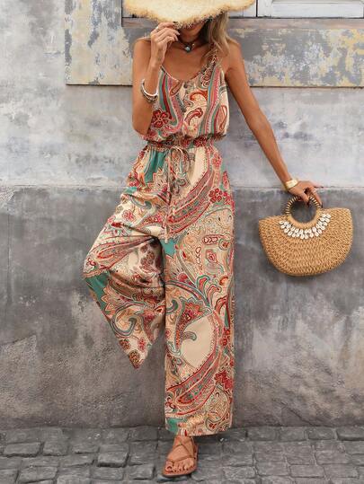 Brillora Women's Summer Vacation Casual Paisley Print Jumpsuit Boho Style