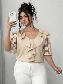 Elenzga Blusa de verano de talla grande para mujer con cuello en V, mangas abullonadas, parches de malla y dobladillo con volantes de unicolor - Amarillo claro - Ver 5