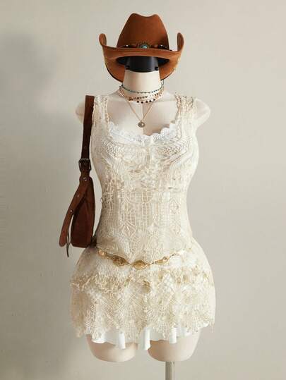 SHEIN ICON Plus Size Women Hollow Design Sleeveless Cover Up Dress, Suitable For Beach Vacation, Music Festival, Coachella