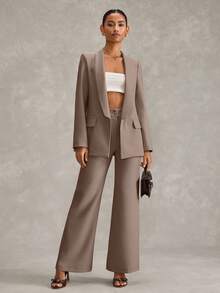 SHEIN Cottnline 女士西装外套和裤子常规版型套装 - 米色 - 查看 3