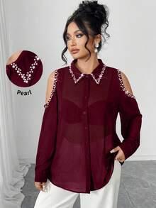 Elenzga Plus Size Faux Pearl Hollow Front Button Long Sleeve Shirt - Burgundy - View 1