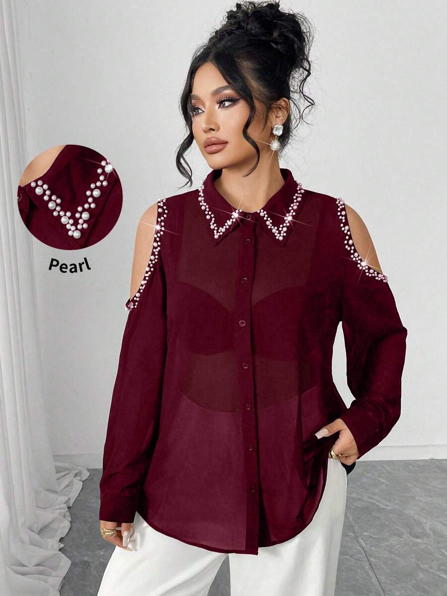 Elenzga Plus Size Faux Pearl Hollow Front Button Long Sleeve Shirt - Burgundy - View 1