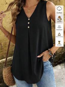 Linavere Áo tank top nữ thời trang thường ngày dáng rộng không tay cổ chữ V - Thiết kế cúc giả - Phong cách tối giản thanh lịch, phù hợp cho đi làm và mặc hàng ngày - Áo đen nữ - màu đen - Xem 1