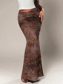 Radiana Women's Sexy Elegant Distinctive Brown Mesh Flocked Fitted Mermaid Skirt, Vacation Skirt, Beach Skirt Brown Skirt Brown 2 Pieces Set Women 2 Pieces Long Skirt Set Long Skirts For Women Women's 2 Pieces Outfits Brown Maxi Skirt Women's Skirts - Brown - View 4