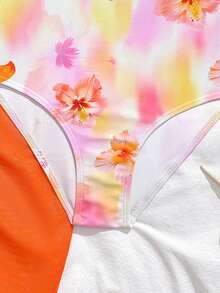 Tween Girls Floral Print One-Piece Swimsuit With Shoulder Strap & Ruffle Design, Comes With Ruffled Cover-Up Skirt, Suitable For Swimming, Vacation, Beach In Summer - Multicolor - View 7