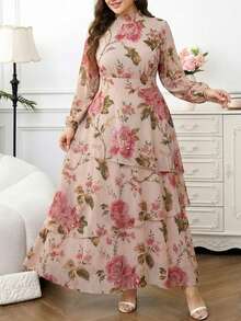 Reflora 大码女式印花立领优雅收腰派对连衣裙 - 粉色 - 查看 5