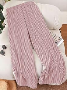 CosyJoli Quần ống rộng dáng suông kẻ sọc có túi, thắt eo, dành cho nữ cỡ lớn. - Bụi hồng - Xem 2
