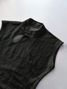 Elamini 女士粉色纹理新款中国风镂空水滴领露胸纽扣设计弹力腰修身短袖针织连衣裙T恤，适合休闲、度假、通勤等场合。 - 黑色 - 查看 1