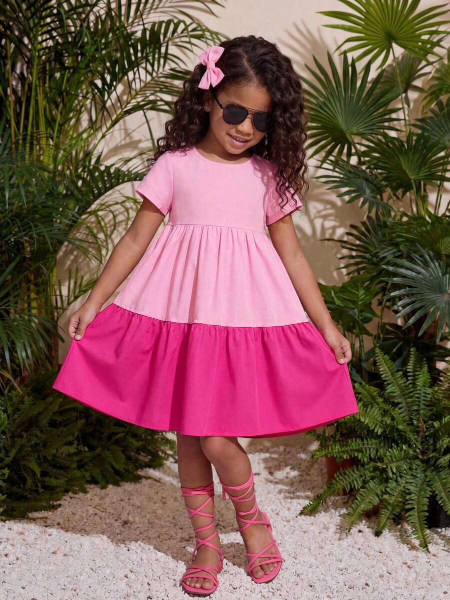 SHEIN Young Girl Woven Floral Contrast Lace Embroidery Hem A-Line Dress, National Floral Rose Patchwork , Short Sleeve, Spring And Summer,Suitable For Girls Daily Wear, Festivals, Vocation,Holidays,Family Gatherings And Special Occasions, Sibling Outfits Sisters Style Outfit, Spring And Summer,Cute & Elegant & Sweet & Vintage & Fashionable. - Hot Pink - View 1