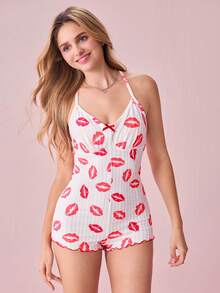 Bonmuse 唇印性感V型露背交叉绑带设计修身舒适女士连体睡衣 - 白色 - 查看 5