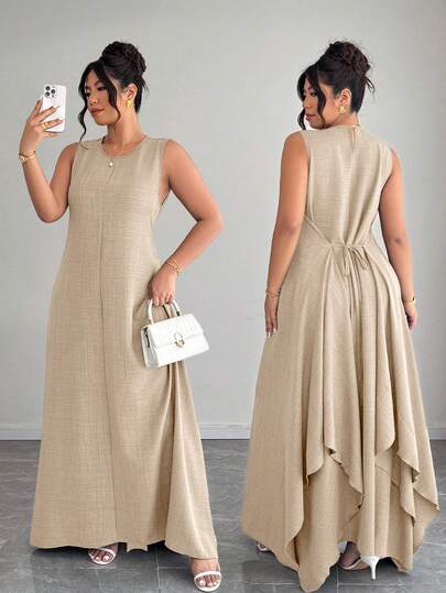 Elenzga 大码女士优雅通勤度假休闲日常外出系带A字不对称下摆连衣裙